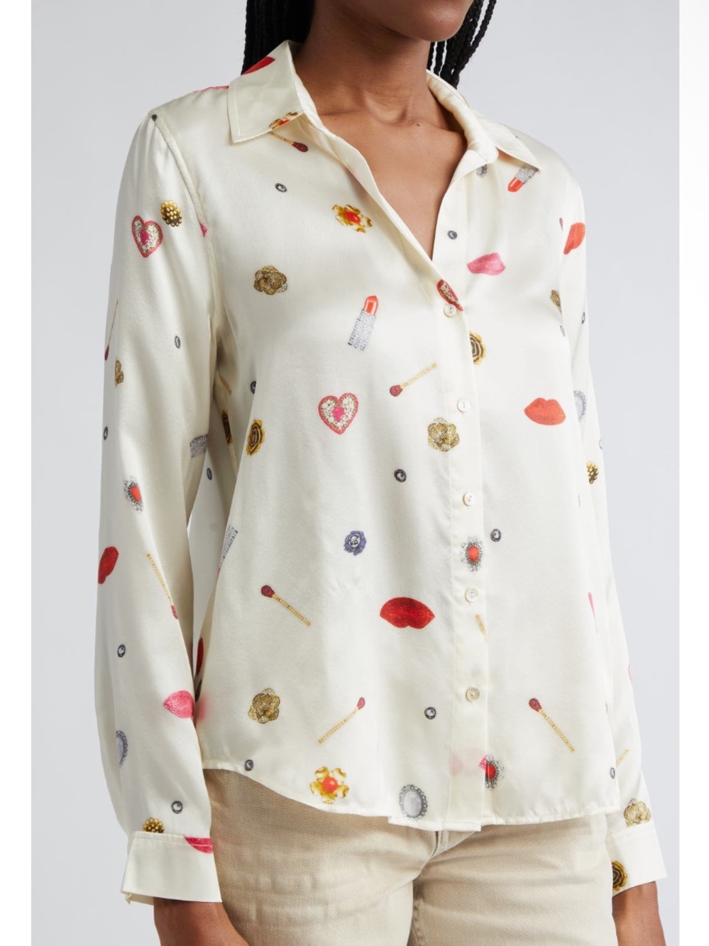 L’Agence Tyler Silk Champagne Multi Heart Jewel Button Up Long Sleeve Blouse - Picture 7 of 13